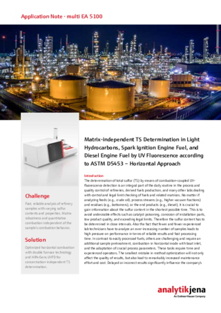 Matrix-independent TS Determination in Light Hydrocarbons, Spark Ignition Engine Fuel, and Diesel Engine Fuel by UV Fluorescence according to ASTM D5453