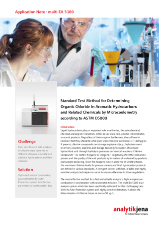 Standard Test Method for Determining Organic Chloride in Aromatic Hydrocarbons and Related Chemicals by Microcoulometry acc. to ASTM D5808